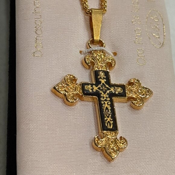 Vintage NWT Damascene 24k Gold Cross Necklace - Picture 9 of 10